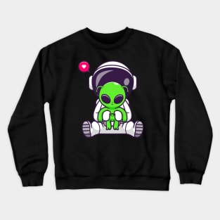 Cute Astronaut With Baby Alien Cartoon Crewneck Sweatshirt